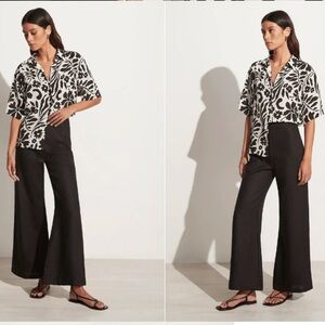 Rachel Zoe Palm Print Button Down Blouse Top Black White Tropical Linen Medium